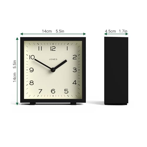 JONES CLOCKS Horloge de Bureau Disco » – Design carré élégant en Noir, élégant et Facile à Lire pour Une étagère, Une Table, Une cheminée ou Un Chevet