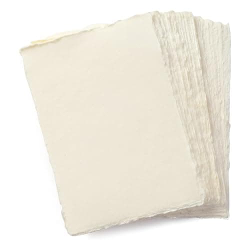 Papier Mixte A5 Crème Fait À La Main Avec Bord Frangé - 21 X 15 cm - 150 GSM - Papier Texturé Coloré Pressé À Froid Fabriqué Avec Du Coton Recyclé Pour Invitations - 50 Feuilles