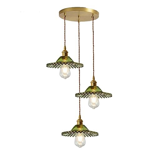 LFsem Suspension Luminaires en Verre à 3 Lumières, Lampe Suspendue Triple Complexe Industrielle Vintage en Laiton E27, Lustre de Plafond pour Salle à manger Salon (Vert)