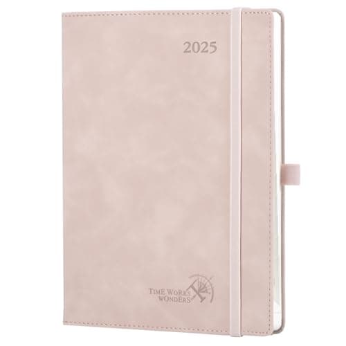 POPRUN Agenda 2025 Semainier et Carnet de Notes Moyen 22 x 16,5 cm - Couverture en Cuir Weekly Planner D'Jan 2025 à Déc 2025, Onglets Mensuels, Papier 100 g/m2, Rose Doux-SPK