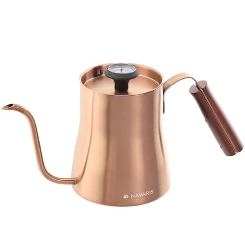 Navaris Bouilloire avec thermomètre - Bouilloire à café 1 L en acier inoxydable avec bec verseur col de cygne et poignée en bois - Infusion marc
