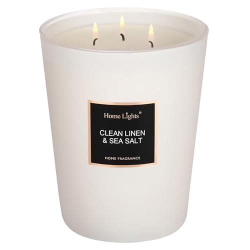 HomeLights Bougies parfumées en pot, bougies de soja naturel, 3 mèches en coton, sans fumée, longue durée de 130 heures, Lin propre et sel de mer