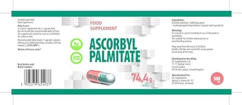 Palmitate d'ascorbyle 500mg 120 gélules végétaliennes, très puissantes, sans agents de remplissage ou de charge, sans OGM