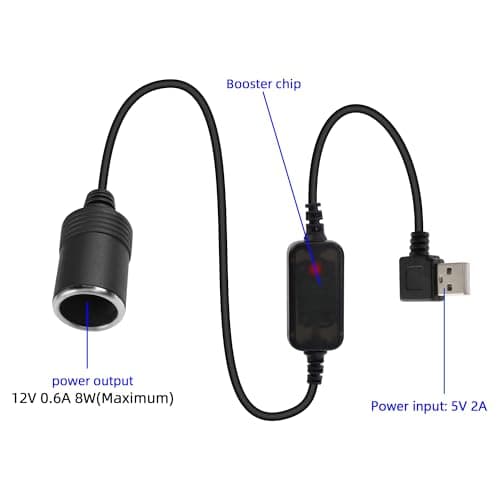 GELRHONR Câble adaptateur usb vers allume-cigare, prise usb a 5v 90 degrés vers prise allume-cigare de voiture 12v convertisseur femelle pour GPS, Dash cam, Electronic Dog (70cm/2.3Ft)