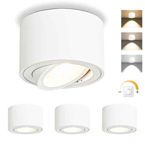 GeyouLux Dimmable LED Spot en Saillie Orientable, 5W Spots de Plafond, Ø80x50mm 3000K/4000K/6500K Rotation à 30° Spot Salle de Bain, Aluminium Rond Blanc Plafonnier Spot LED Orientable, 4 pièces