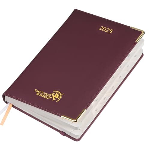 POPRUN Agenda 2025 Journalier 21,5 x 14,5 cm - Couvercle en cuir de coton PU, 1 Page par Jour A5 Agenda, D'Jan 2025 à Déc 2025-12 Mois, Onglets Mensuels, Papier 80 g/m2, Bordeaux-CRT