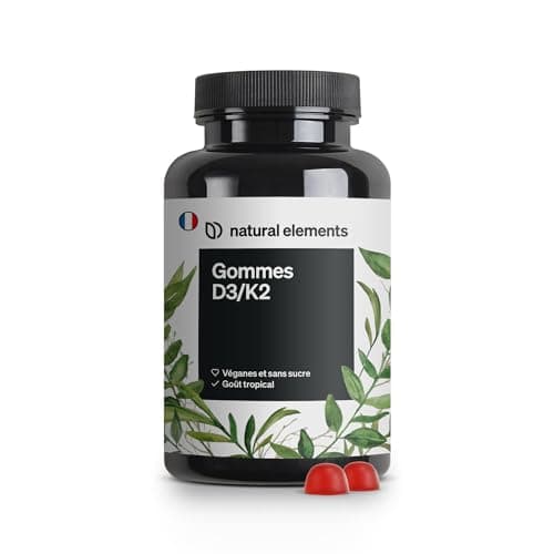 Gommes aux vitamines D3 et K2 – 1 000 U.I. de Vitamine D3 par dose journalière – 120 Gummies – goût tropical – végane et sans sucre – produit et contrôlé en laboratoire en Allemagne