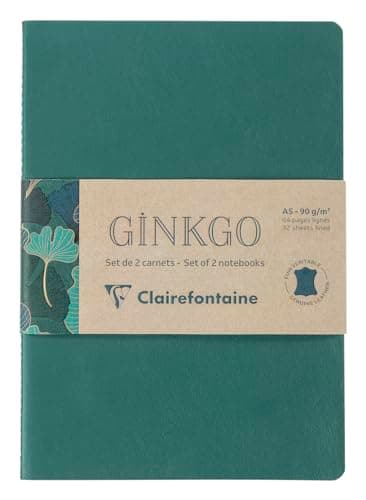 Clairefontaine 115948C - Un Set de 2 Carnets Cousus Fil / Carnet Cuir Uni et Carnet Carte motif Feuille de Ginkgo A5 - 14,8x21 cm 64 Pages Lignées Papier Ivoire 90g - 2 visuels, livr Aléatoire Ginkgo