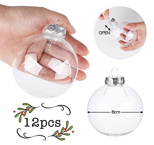 ilauke 12 Boules de Noël en Plastique Transparent à Remplir,8cm Boule Noel Transparente avec 2m Plume Rose+2m Corde,Ronde Acrylique Remplissable Boule pour Arbre de Noël Décoration Intérieur Extérieur