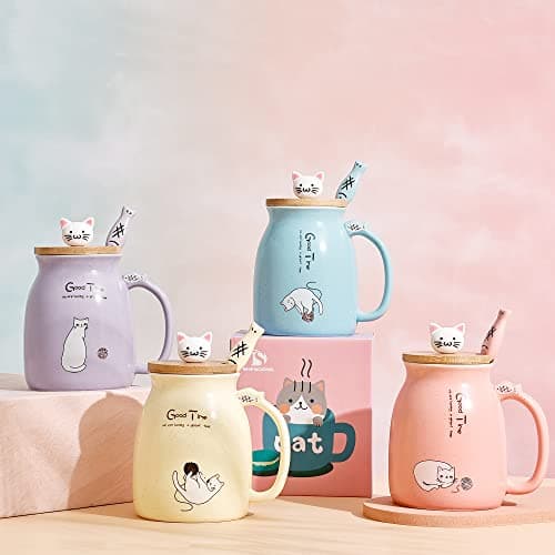 Chat Tasse Jolie tasse à café en céramique avec couvercle et cuillère en bois chat kawaii Nouveauté Morning Cup Tasses à thé au lait au café Tasses de chat pour les amoureux des chats Femmes (Jaune)