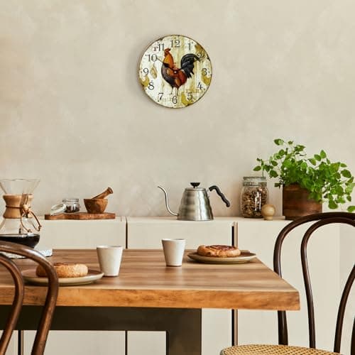 Lafocuse 30cm Horloge Murale Coq Vintage Bois, Silencieuse Pendule Murale Retro, Shabby Chic Rond Déco sans Tic-tac pour Salon Chambre Cuisine Bureau