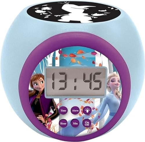 Lexibook Réveil projecteur Disney La Reine des Neiges 2 Anna Elsa avec fonction alarme et répétition snooze, veilleuse avec minuterie, écran LCD, à piles, bleu/violet, RL977FZ