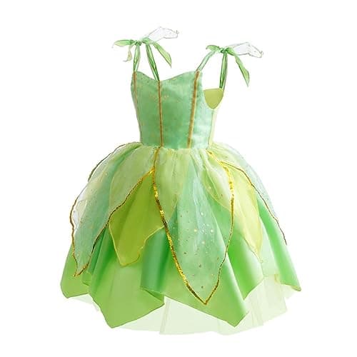 Lito Angels Deguisement Costume Fée Clochette, Robe de Fee Verte avec Ailes pour Enfant Fille, Taille 10 ans (étiquette en tissu 140)
