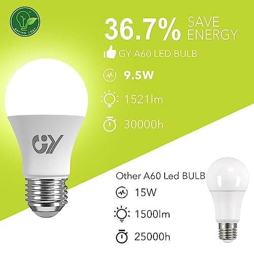 GY Ampoule LED E27 9.5W (équivalent 100W), 6500K Blanc Froid 1521 lumens, A60 Ampoules E27 LED Efficacité Energétique, Dépolie, Non-Dimmable, 6 Unité (Lot de 1)