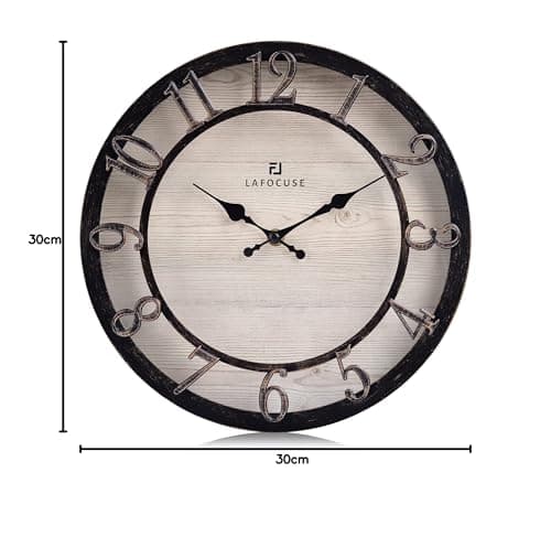 Lafocuse 30cm Horloge Murale Chiffres 3D Retro, Silencieuse Pendule Murale Rustique Vintage, Noir Shabby Chic Déco sans Tictac pour la Maison Salon Cuisine Chambre Bureau