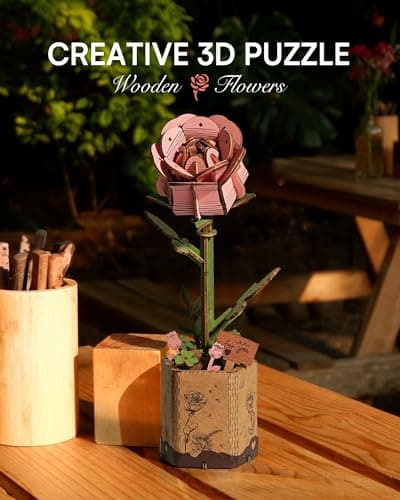 ROBOTIME Fleurs Artificielles Deco, Puzzle 3D Bois, Maquette en Bois a Construire, Construction Adulte, Cadeaux Anniversaire Femmes pour la Saint-Valentin & Décoration d'intérieur, TW041
