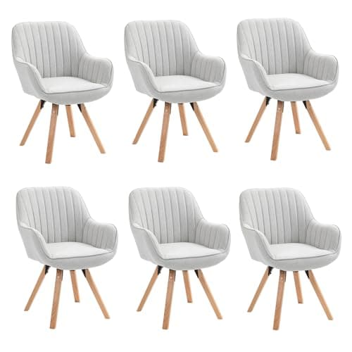 MEUBLE COSY Lot de 6 Chaise Salle à Manger Scandinave Fauteuil Coiffeuse Siège Pivotant avec Accoudoirs pour Chambre Salon Cuisine Bureau, Rembourré en Tissu Pieds en Bois Massif, Beige, 60x58x83cm