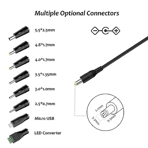 Zolt 12W AC to DC Adaptateur Secteur Universel 3V 4.5V 5V 6V 7.5V 9V 12V 1A Adaptateur Multi-Tension avec 8 Prises DC pour l'électronique, 1000mA Max.