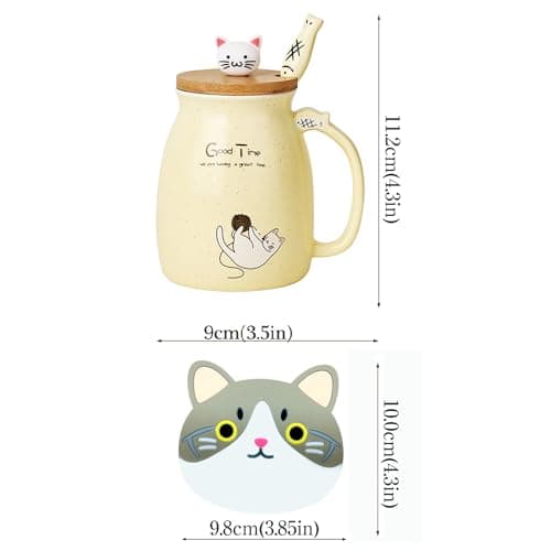 Chat Tasse Jolie tasse à café en céramique avec couvercle et cuillère en bois chat kawaii Nouveauté Morning Cup Tasses à thé au lait au café Tasses de chat pour les amoureux des chats Femmes (Jaune)