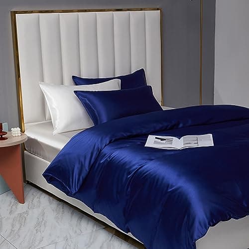 Housse de Couette 200x200cm Satin Unie Bleu Parure de Lit 2 Personnes Adulte Confortable Soie Lisse Literie avec 2 Taies d'oreiller 65x65cm avec Fermeture à Glissière