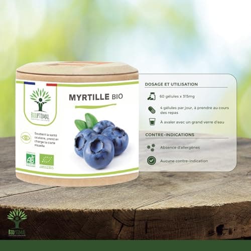 Myrtille Bio - Bioptimal - Complément alimentaire - Clarté visuelle Yeux Antioxydant Circulation - Lutéine Zéaxanthine Vitamine - 240 mg par Gélule - Fabriqué en France - Certifié Ecocert - 60 Gélules