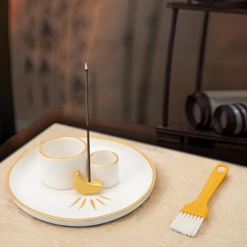 4 en 1 Porte Encens, Porte-Encens en Céramique Lisse Support Palo Santo Méditation Brûleur D'encens pour Bâtons Plateau Collecteur Cendres en Céramique pour Yoga, méditation, Room Décor