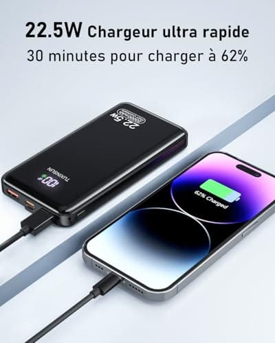 Power Bank 20000 mAh 22,5 W Banque de puissance à charge rapide PD3.0 QC4.0 Batterie externe de téléphone portable avec écran LCD Sorties et entrées USB C Chargeur portable pour smartphones Smartwatch