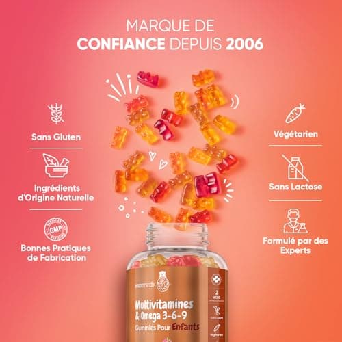 Multivitamines & Minéraux avec Oméga 3 6 9-120 Gummies Enfants Origine Naturelle (+ 3 Ans) - 17 Nutriments: Vitamine C, D, B12, B6, A & Zinc - Immunité, Croissance, Os - Goût Framboise & Orange