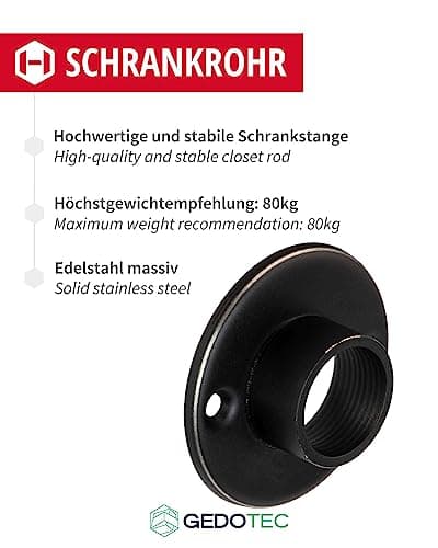 Gedotec placard tube acier inoxydable noir vêtements rond placard bar pour vêtements armoires penderie | 1300 mm rond | Tube meuble Ø 20 mm | Acier inoxydable noir - rail garde-robe vintage - 1 pièce