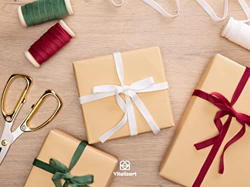Vitalizart Ruban Velours Rouge & Vert & Blanc 0,95 cm x 4,57 m x 3 Rouleaux, Bobine en Bois, Ruban en Tissu pour la Décoration de Couronnes de Noël, l'Artisanat, les Ornements, l'Emballage de Cadeaux