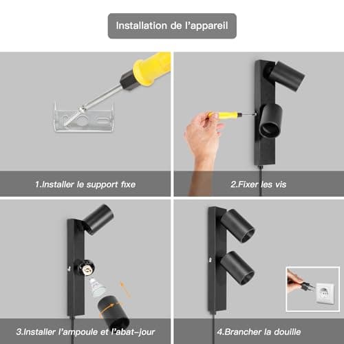 TaFiCo Applique Murale 2 Spots Interieur avec Interrupteur et Prise - Noir Lampe Murale Orientable 350°Spot Luminaire Mural Vintage pour Chambre Salon Cuisine Sans Ampoule