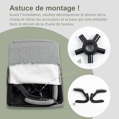 CASTLOVE Chaise de bureau ergonomique avec dossier, accoudoirs rabattables, dossier haut, hauteur réglable, fonction bascule, chaise de bureau en tissu gris, charge maximale : 150 kg