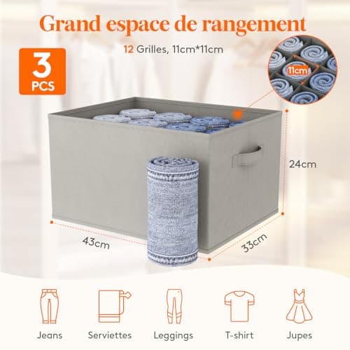 Lifewit Lot de 3 Organisateur Armoire, 12 Cellules Boite Rangement Vetement, Rangement Tiroir, Placard, Rangement Dressing pour Jeans, Pantalons, Pulls, Serviettes, T-shirts, 43 X 33 X 24 cm,