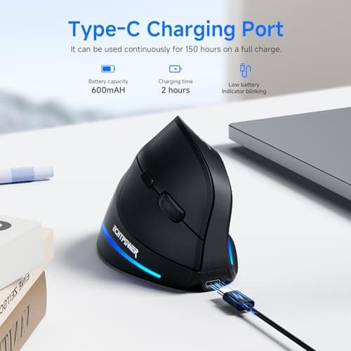 ECHTPower 2024 Update Souris Ergonomique sans Fil, 2.4GHz Souris Verticale Rechargeable, Wireless Mouse Droitier Silencieuse, 4800 DPI Réglable Interface Type C pour PC Laptop Ordinateur Mac Windows