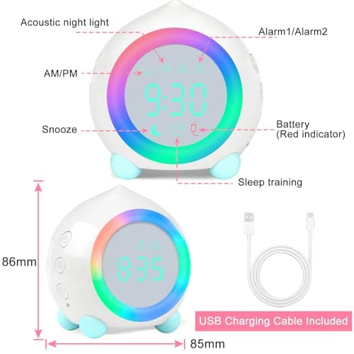 Ayybboo Réveil Enfant Lumineux LED Numerique Lampe Réveil Veilleuse Fille Garcons Jour Nuit Enfant Volume Réglable Snooze Réveil en USB Charge(Blanc)