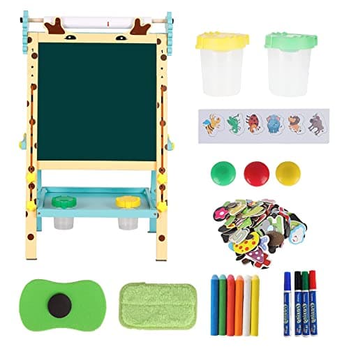 3 en 1 Tableau Enfant Double Face en Bois Avec Rouleau de Papier,Chevalet Magnétique à Hauteur Réglable,Plateau et Autres Accessoires pour Enfants de 2 à 8 Ans