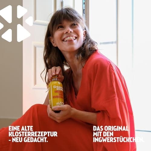 Kloster Kitchen Bio gingembre Shot curcuma, 12 SHOTS à 360 ml avec morceaux de gingembre, Shots de gingembre au curcuma en bouteille en verre, végétalien (incl. 0,25€ de caution consigne)