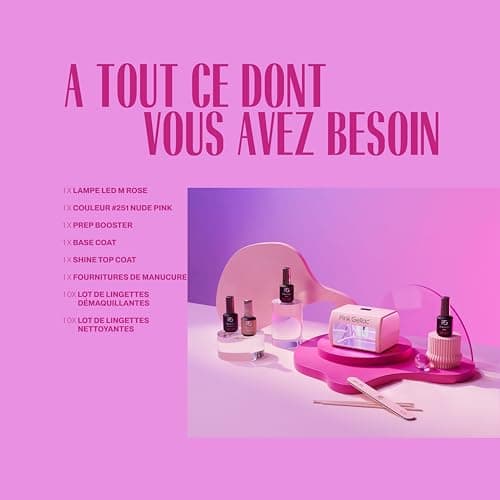 Pink Gellac Kit Vernis Semi Permanent - Manucure Kit Semi Permanent Complet avec Lampe UV LED Compacte Rose, 1 Couleur Rose 15 ml, Top et Base Coat Gel UV, Dissolvant et Nettoyant de Qualité Salon