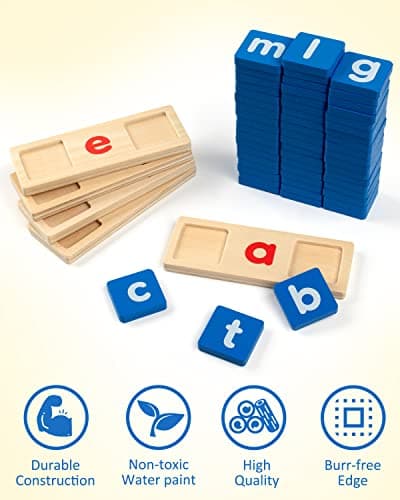 Coogam Voyelle Courte en Bois Lecture Lettres Tri Jeux d'orthographe, Mots à Vue Flashcards Alphabet Puzzle Montessori Jouet Éducatif Cadeau pour Enfants 3 4 5 Ans