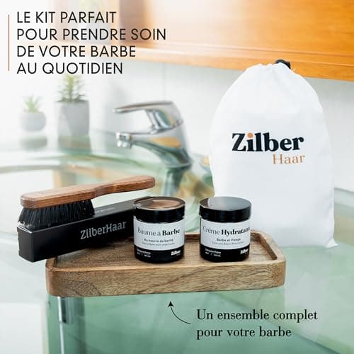 ZilberHaar - Kit de Soins pour Barbe Homme - 1 Brosse à Barbe Regular + 1 Baume à Barbe + 1 Crème Hydratante + 1 Bavoir à Barbe - Poils de Sanglier Rigides - Pochette en Velours