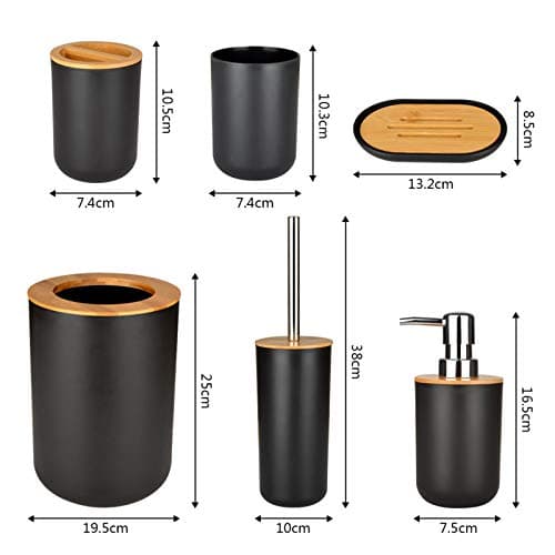 Ensemble Salle de Bain Accessoires en Bambou - 6Pièces Accessoire Salle de Bain Noir Contient Bouteilles de Lotion, Porte-Brosse à Dents, Tasse à Dents, Porte-Savon, Brosse de Toilette, Poubelle