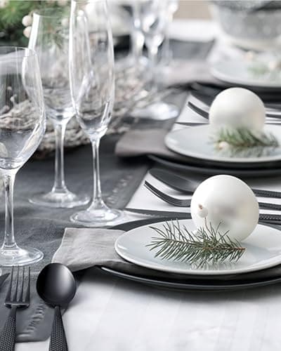 SHEUMNT couverts de table 24 pieces martelées Moderne noirs avec couteau dentelé 2 en 1 ultra tranchant, menagere inox 6 personnes, couvert plaqu titane noires couteaux, fourchettes, cuillères