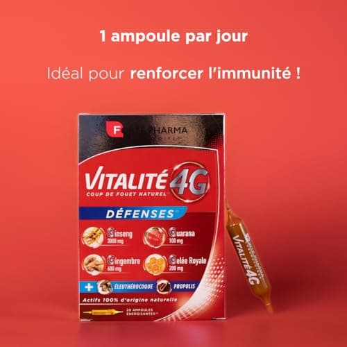 Forté Pharma - Vitalité 4G Défenses | Complément Alimentaire Energie et Défenses - Ginseng, Gingembre, Guarana et Gelée Royale | 20 ampoules