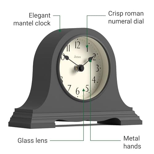 JONES CLOCKS® Speakeasy Horloge de cheminée | Classique Design à Chapeau de Napoléon | Gris foncé | Style Classique Contemporain pour Bureau, Table, étagère ou Table de Chevet
