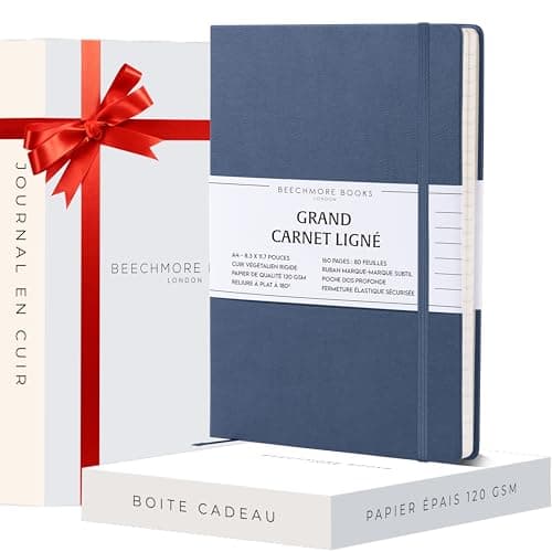 Beechmore Books Carnet de Notes Lignées - XL A4 Bleu Marine Journal Couverture Rigide Premium Cuir Vegan, Papier Ligné Crème Épais 120 g/m2, Boîte Cadeau, pour Écrivain, Journaliste, Réunion, Étudiant