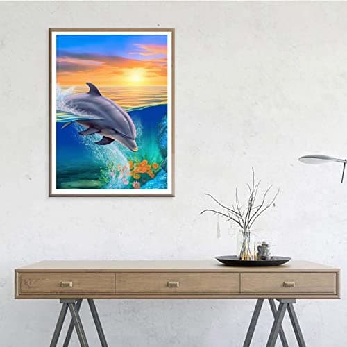 Ginfonr 5D Diamant Painting Diamond Painting Complet Dauphin Lever Du Soleil Broderie Peinture Diamant Painting Animal Paysage Kit Complet Décoration De Pour La Murale De La Maison 30x40 cm