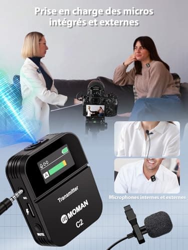 Micro Cravate sans Fil Professionnel, Moman C2X Wireless Lavalier Microphone Con Écran TFT pour Appareil Photo Transmission 100m Caméra DSLR Caméscope Smartphone PC Laptop Tablette
