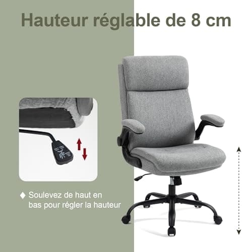 CASTLOVE Chaise de bureau ergonomique avec dossier, accoudoirs rabattables, dossier haut, hauteur réglable, fonction bascule, chaise de bureau en tissu gris, charge maximale : 150 kg