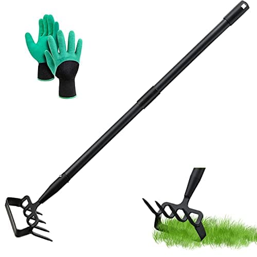 Houe de jardin 170cm Houe à étrier et râteau à pointes 4 dents 2 en 1 en acier inoxydable Houe à main Outil de jardin Houe à étrier avec action réglable pour désherber/meubler le sol