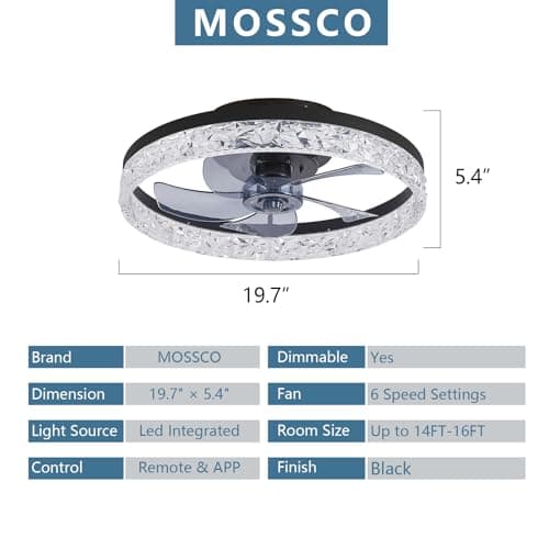 MOSSCO Petit Ventilateur de Plafond Silencieux avec Lumiere et Telecommande, 6 Vitesses et vent Réversible, Dimmable LED, 3 Températures de Couleur en Option pour toutes les saisons - 50 cm